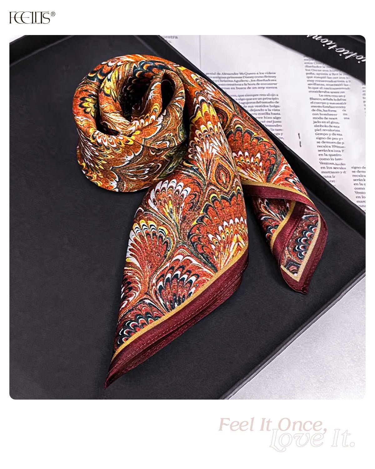 100% Mulberry Silk Head Scarf for Women - 21" Square Hair Scarf, Natural Silk Neckerchief — Amber Feather Bloom - FEELITS