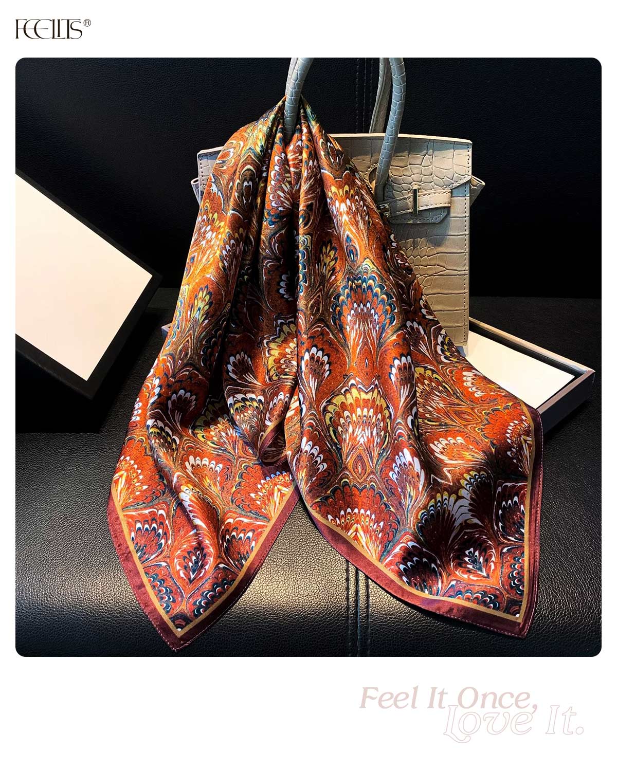 100% Mulberry Silk Head Scarf for Women - 21" Square Hair Scarf, Natural Silk Neckerchief — Amber Feather Bloom - FEELITS