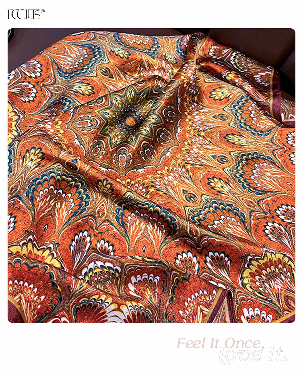 100% Mulberry Silk Head Scarf for Women - 21" Square Hair Scarf, Natural Silk Neckerchief — Amber Feather Bloom - FEELITS