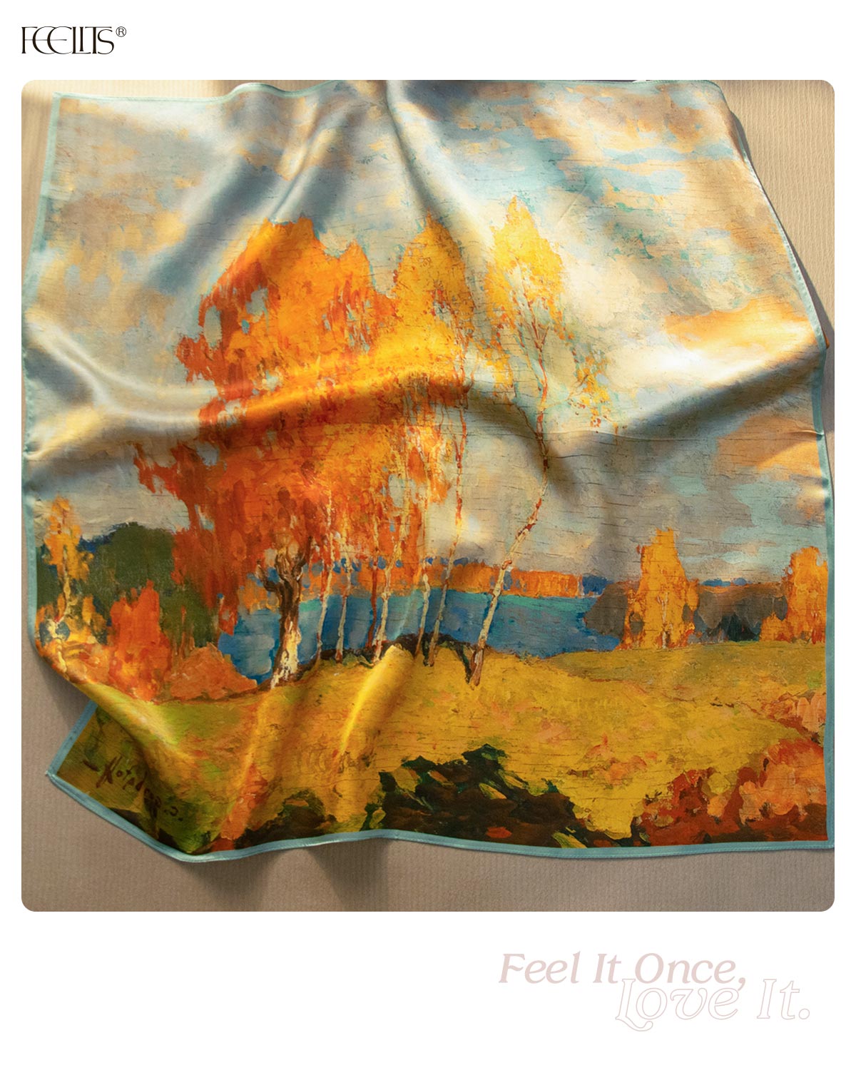 100% Mulberry Silk Head Scarf for Women - 21" Square Hair Scarf, Natural Silk Neckerchief — Golden Autumn Canvas - FEELITS