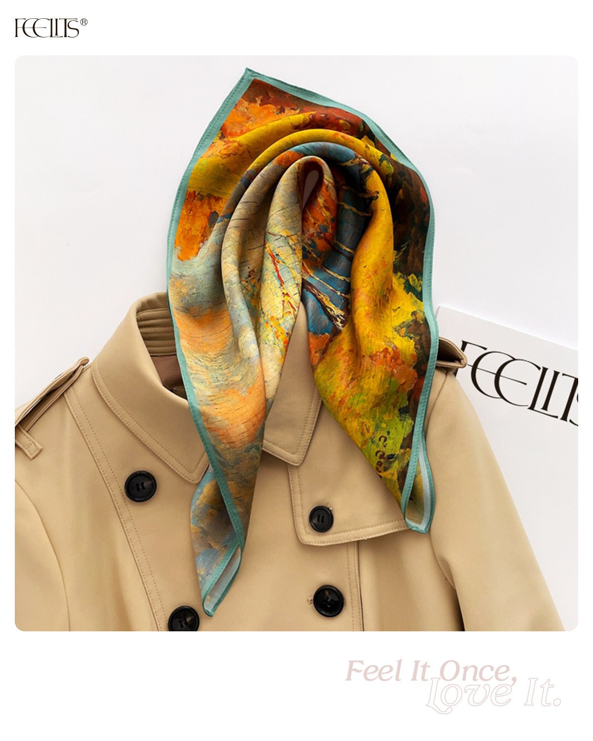 100% Mulberry Silk Head Scarf for Women - 21" Square Hair Scarf, Natural Silk Neckerchief — Golden Autumn Canvas - FEELITS