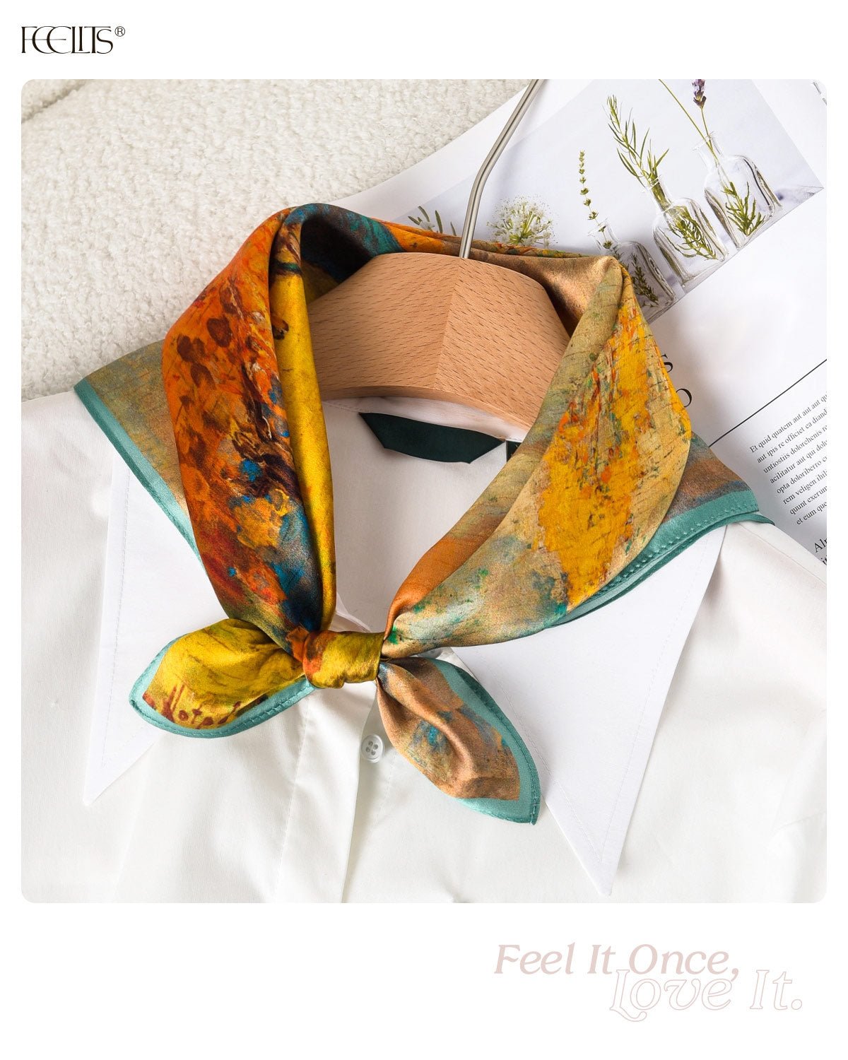 100% Mulberry Silk Head Scarf for Women - 21" Square Hair Scarf, Natural Silk Neckerchief — Golden Autumn Canvas - FEELITS