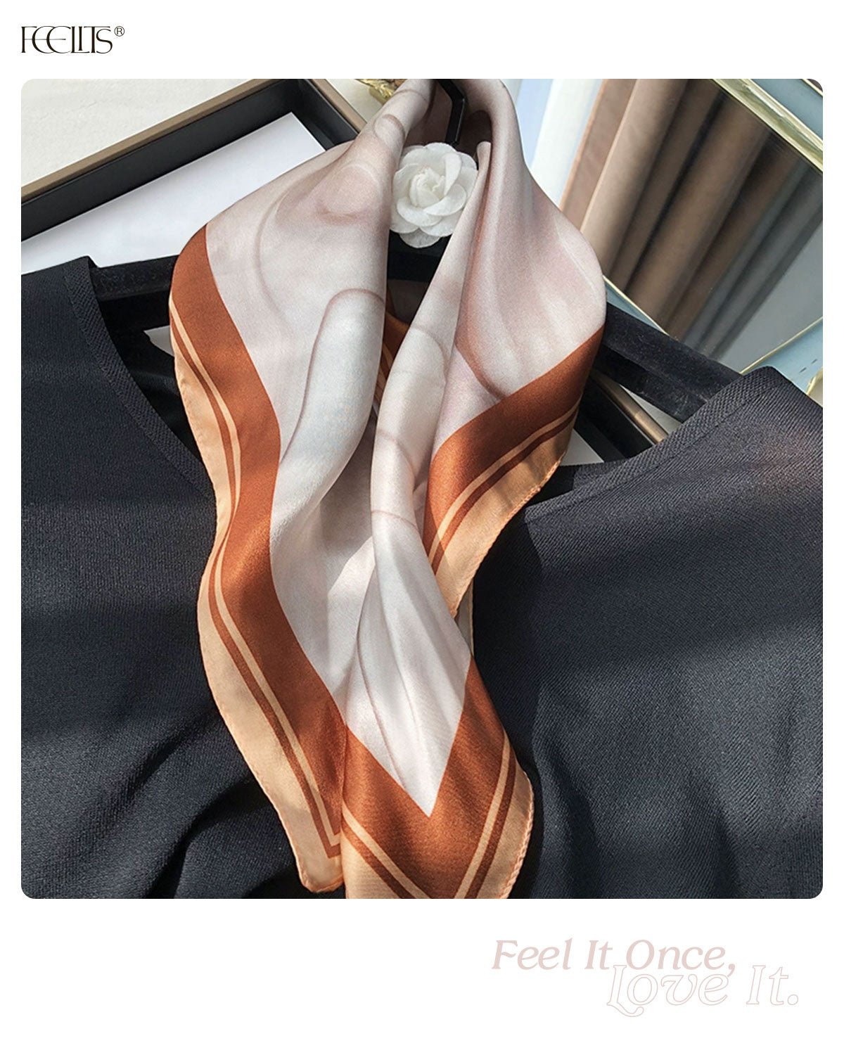 100% Mulberry Silk Head Scarf for Women - 21" Square Hair Scarf, Natural Silk Neckerchief — Mocha Marble Dream - FEELITS