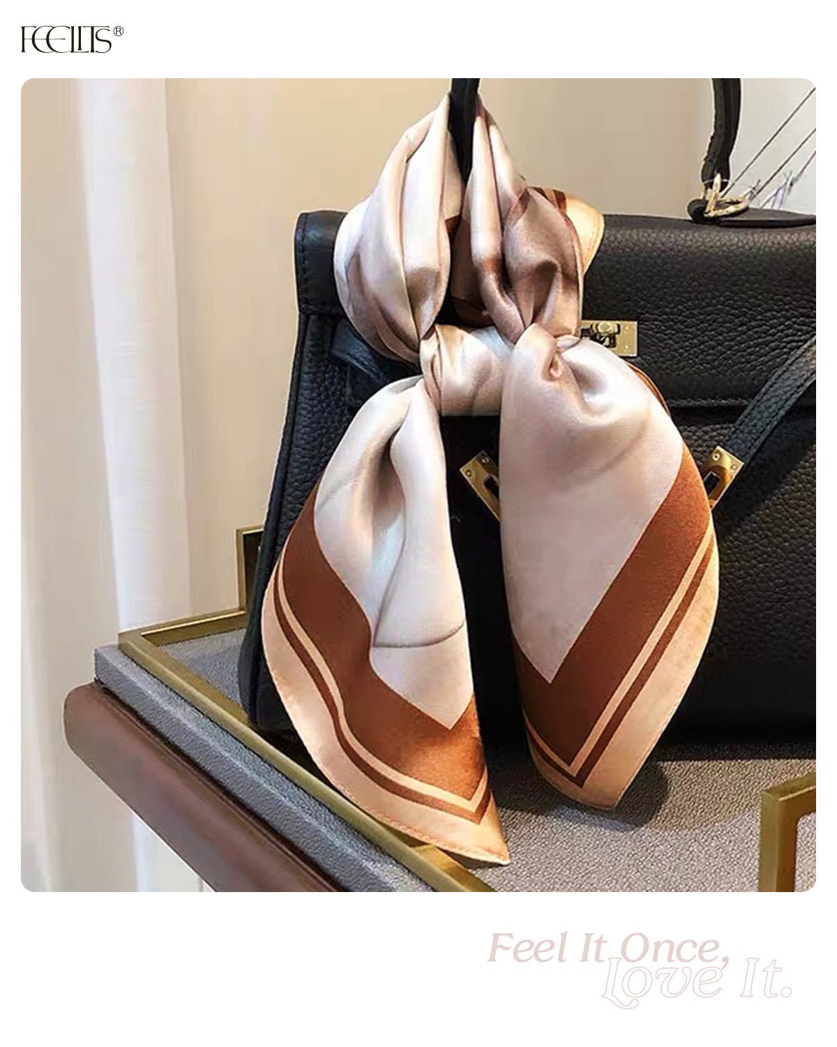 100% Mulberry Silk Head Scarf for Women - 21" Square Hair Scarf, Natural Silk Neckerchief — Mocha Marble Dream - FEELITS