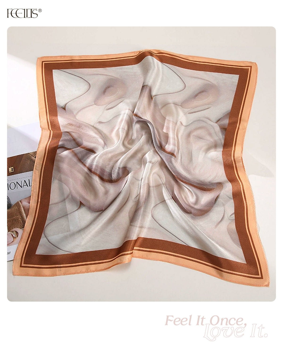 100% Mulberry Silk Head Scarf for Women - 21" Square Hair Scarf, Natural Silk Neckerchief — Mocha Marble Dream - FEELITS