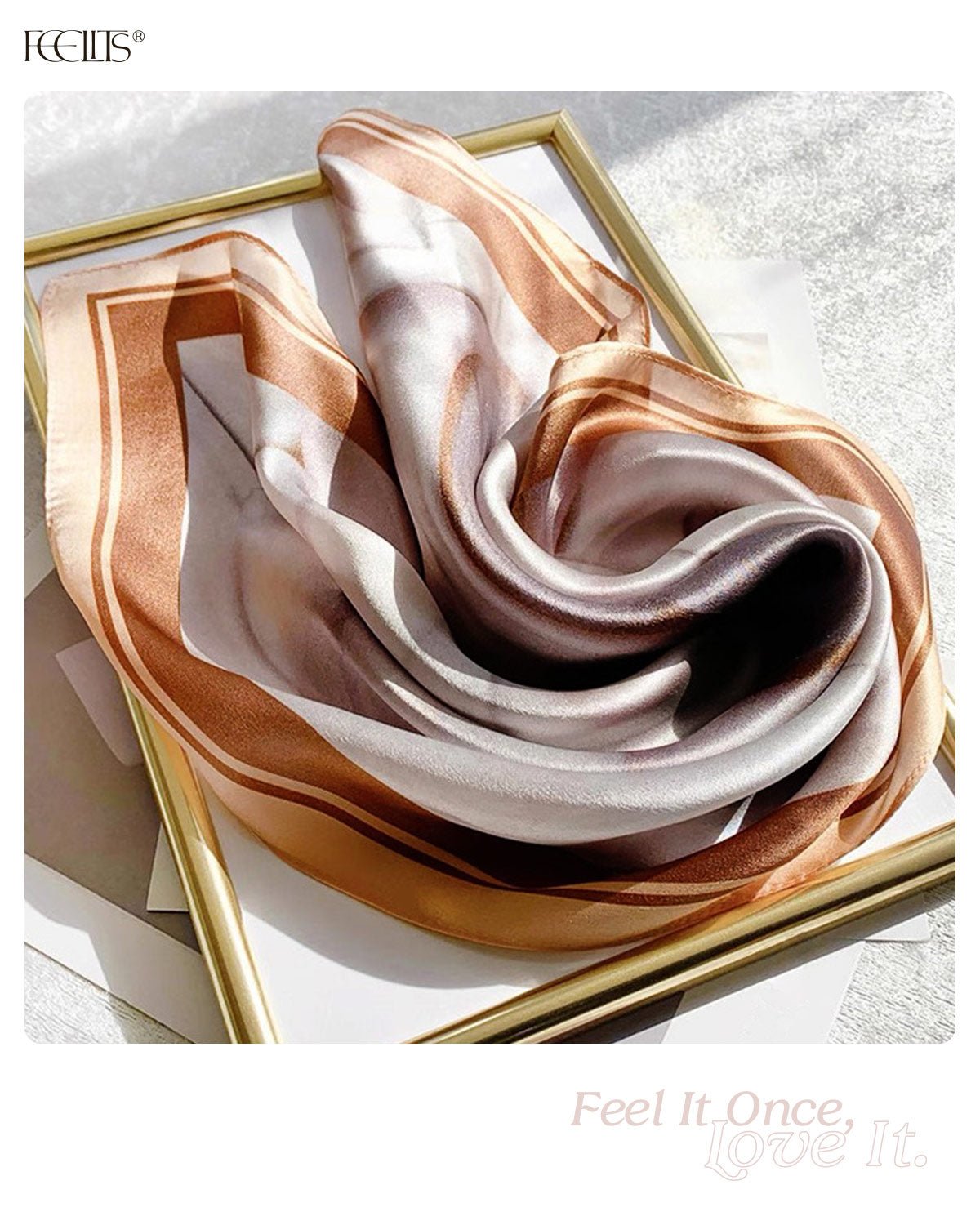 100% Mulberry Silk Head Scarf for Women - 21" Square Hair Scarf, Natural Silk Neckerchief — Mocha Marble Dream - FEELITS