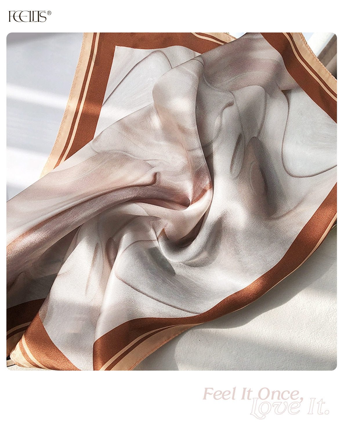 100% Mulberry Silk Head Scarf for Women - 21" Square Hair Scarf, Natural Silk Neckerchief — Mocha Marble Dream - FEELITS