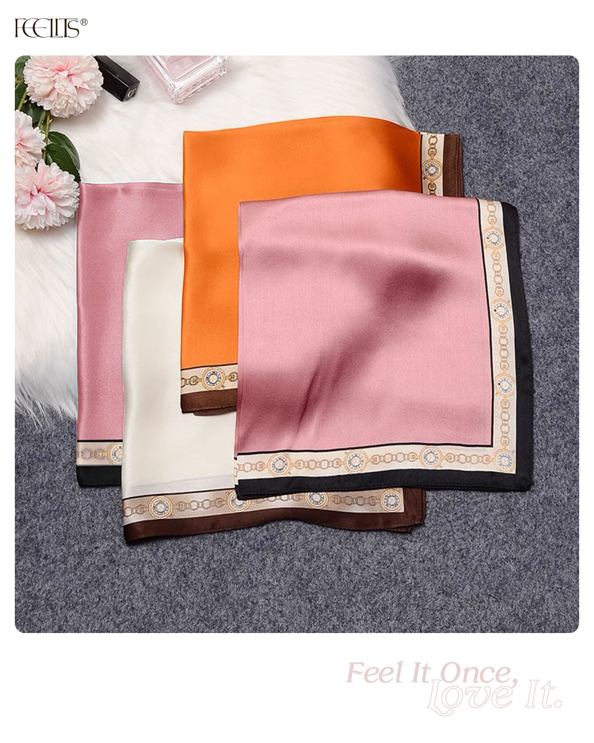 100% Mulberry Silk Head Scarf for Women - 21" Square Hair Scarf, Natural Silk Neckerchief — Timeless Chain Series - FEELITS