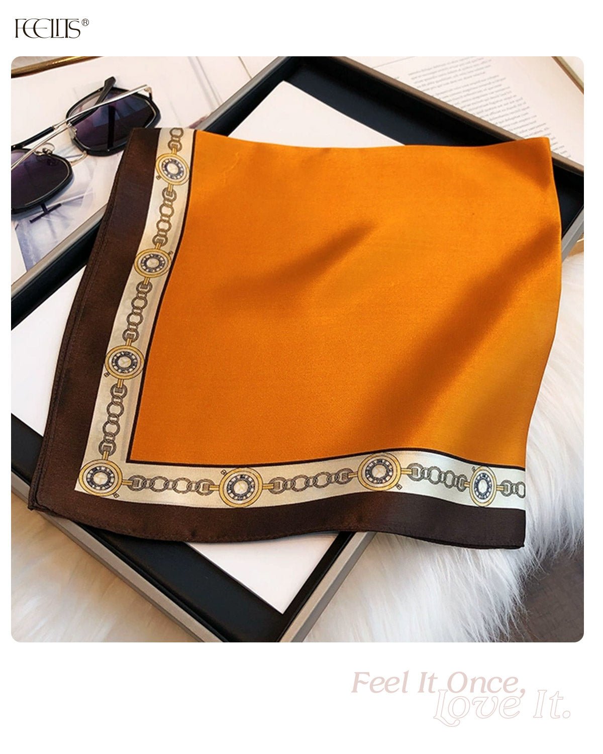 100% Mulberry Silk Head Scarf for Women - 21" Square Hair Scarf, Natural Silk Neckerchief — Timeless Chain Series - FEELITS