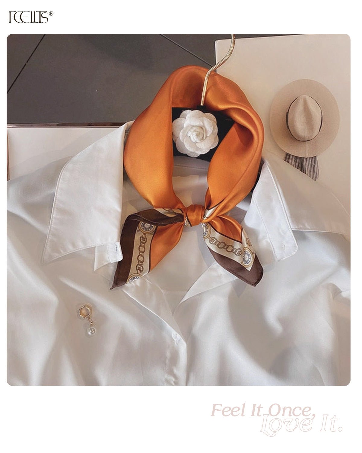 100% Mulberry Silk Head Scarf for Women - 21" Square Hair Scarf, Natural Silk Neckerchief — Timeless Chain Series - FEELITS