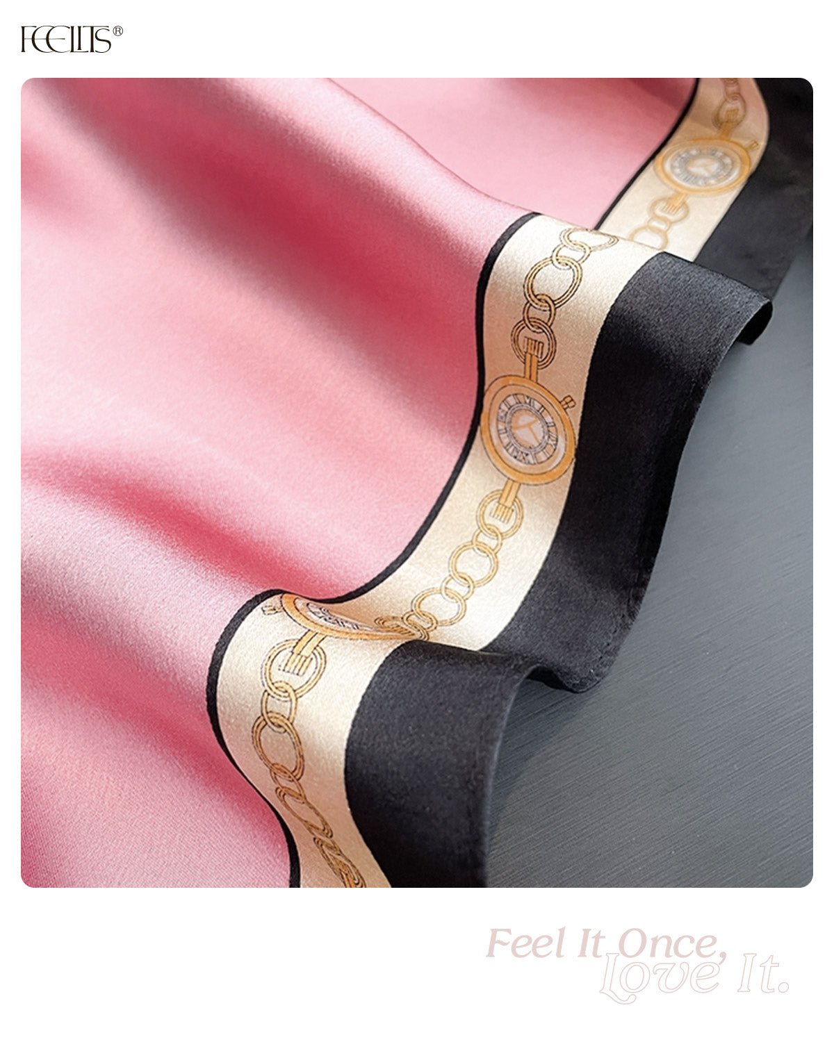 100% Mulberry Silk Head Scarf for Women - 21" Square Hair Scarf, Natural Silk Neckerchief — Timeless Chain Series - FEELITS
