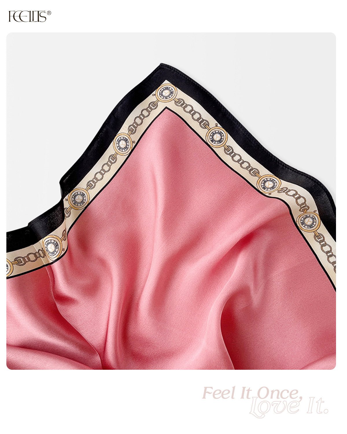 100% Mulberry Silk Head Scarf for Women - 21" Square Hair Scarf, Natural Silk Neckerchief — Timeless Chain Series - FEELITS