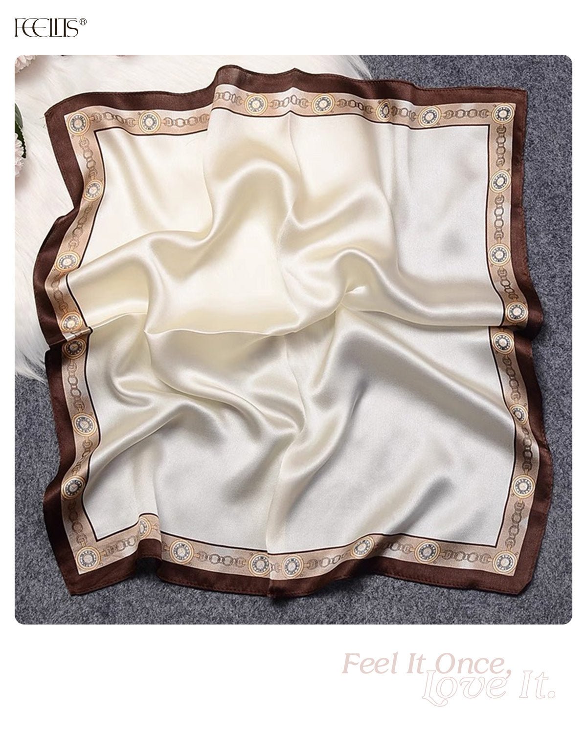 100% Mulberry Silk Head Scarf for Women - 21" Square Hair Scarf, Natural Silk Neckerchief — Timeless Chain Series - FEELITS