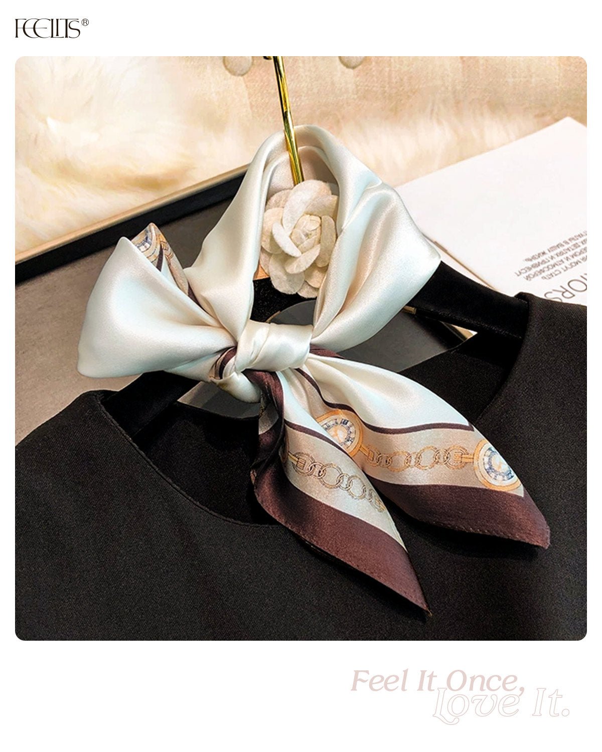 100% Mulberry Silk Head Scarf for Women - 21" Square Hair Scarf, Natural Silk Neckerchief — Timeless Chain Series - FEELITS