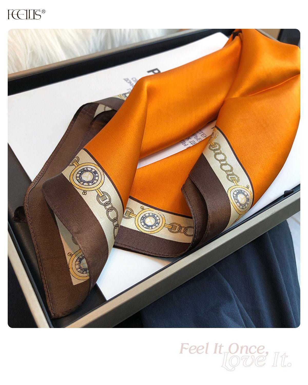 100% Mulberry Silk Head Scarf for Women - 21" Square Hair Scarf, Natural Silk Neckerchief — Timeless Chain Series - FEELITS