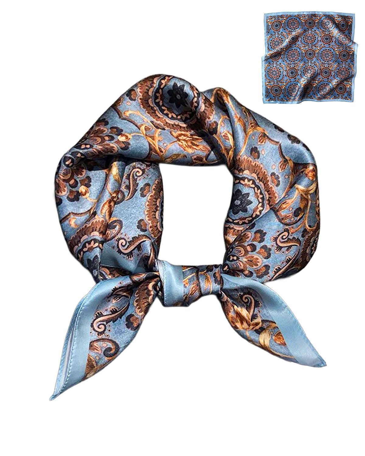 100% Mulberry Silk Head Scarf for Women - 21" Square Hair Scarf, Natural Silk Neckerchief — Vintage Blue Baroque - FEELITS
