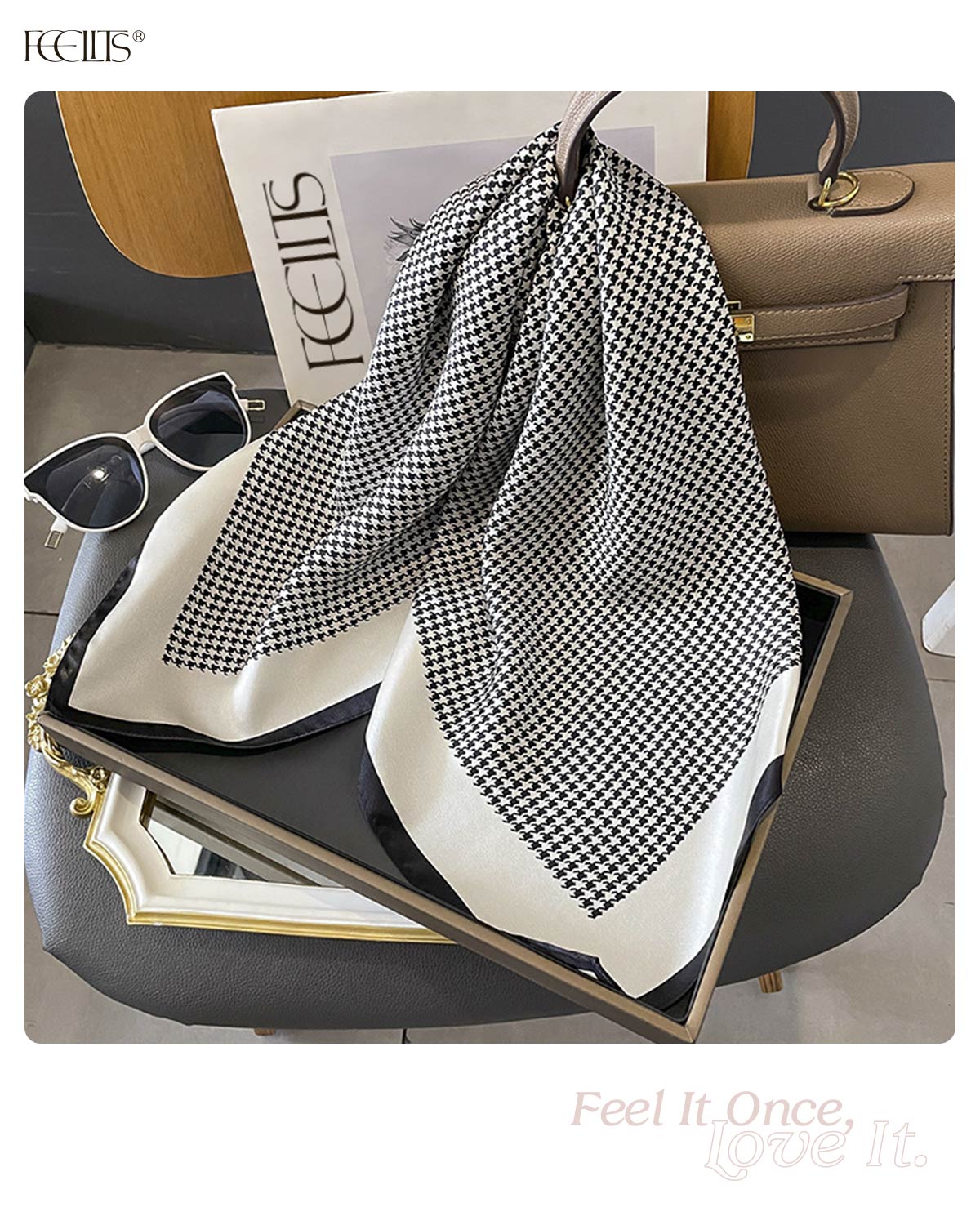 100% Mulberry Silk Head Scarf for Women - 27.5" Square Hair Scarf, Natural Silk Neckerchief — Classic Houndstooth Elegance - FEELITS