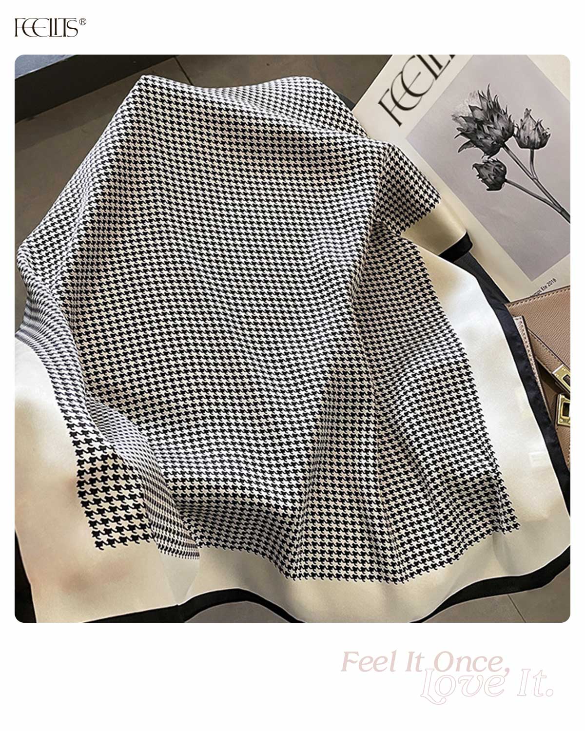 100% Mulberry Silk Head Scarf for Women - 27.5" Square Hair Scarf, Natural Silk Neckerchief — Classic Houndstooth Elegance - FEELITS