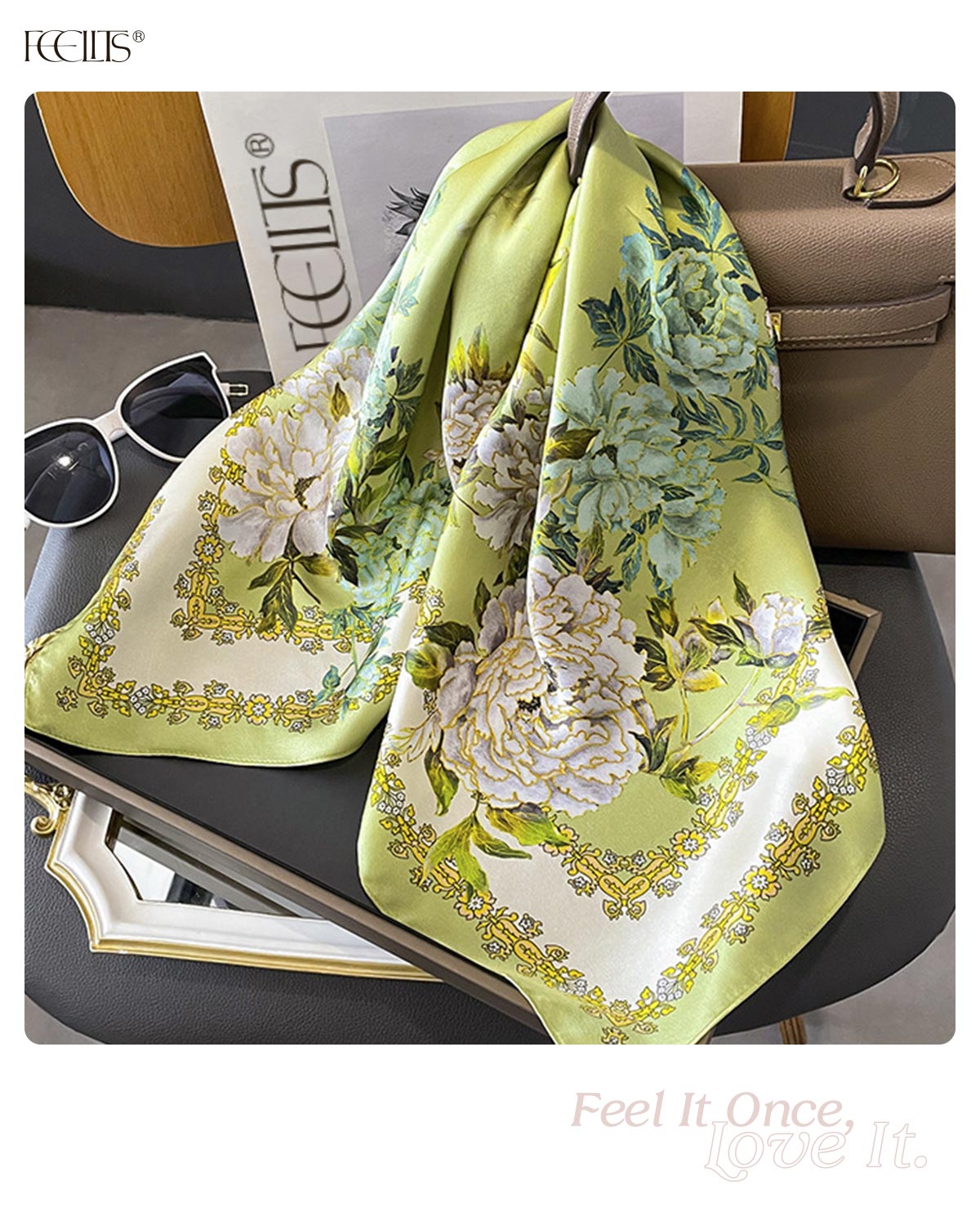 100% Mulberry Silk Head Scarf for Women - 27.5" Square Hair Scarf, Natural Silk Neckerchief — Lemon Garden Bloom - FEELITS