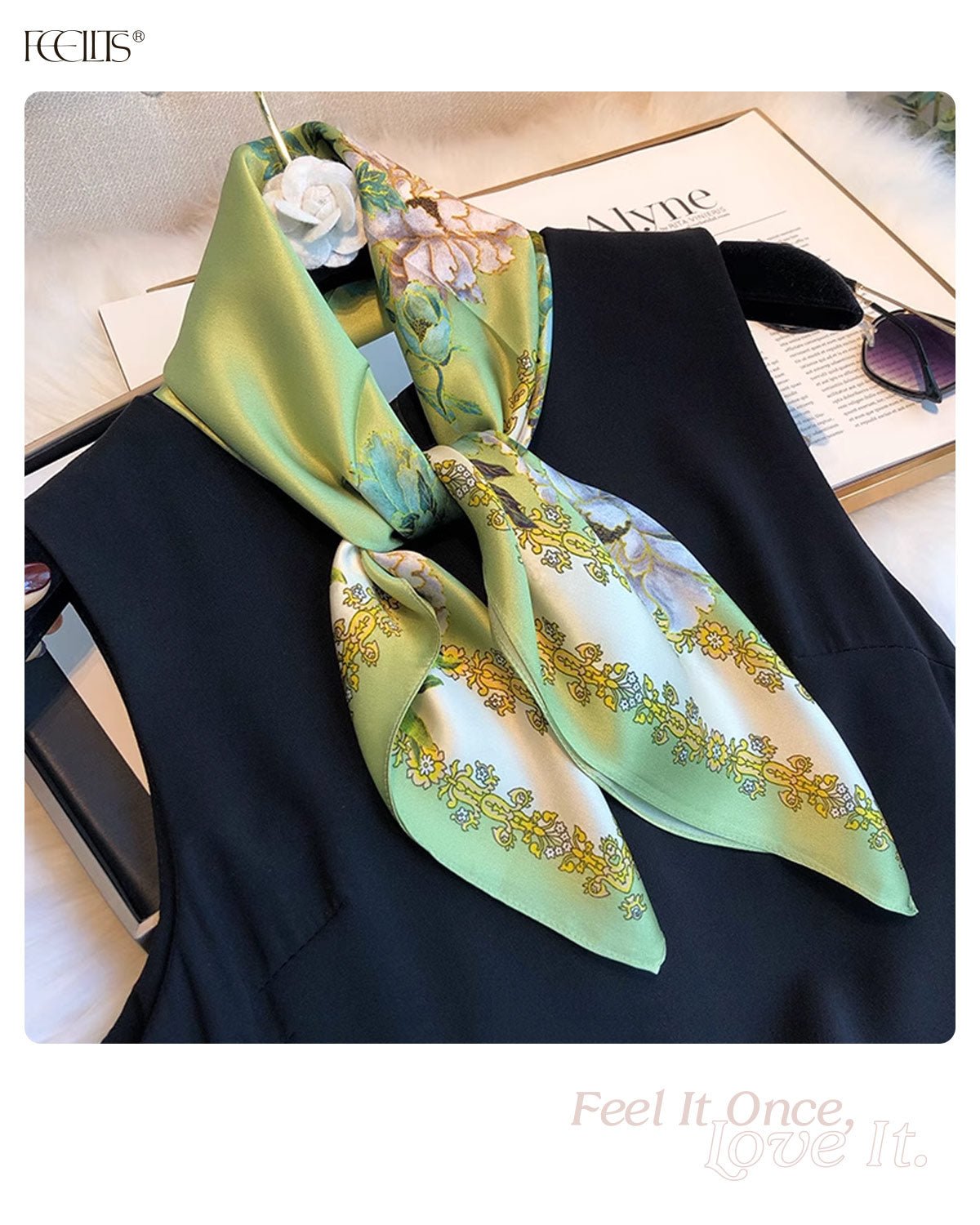 100% Mulberry Silk Head Scarf for Women - 27.5" Square Hair Scarf, Natural Silk Neckerchief — Lemon Garden Bloom - FEELITS