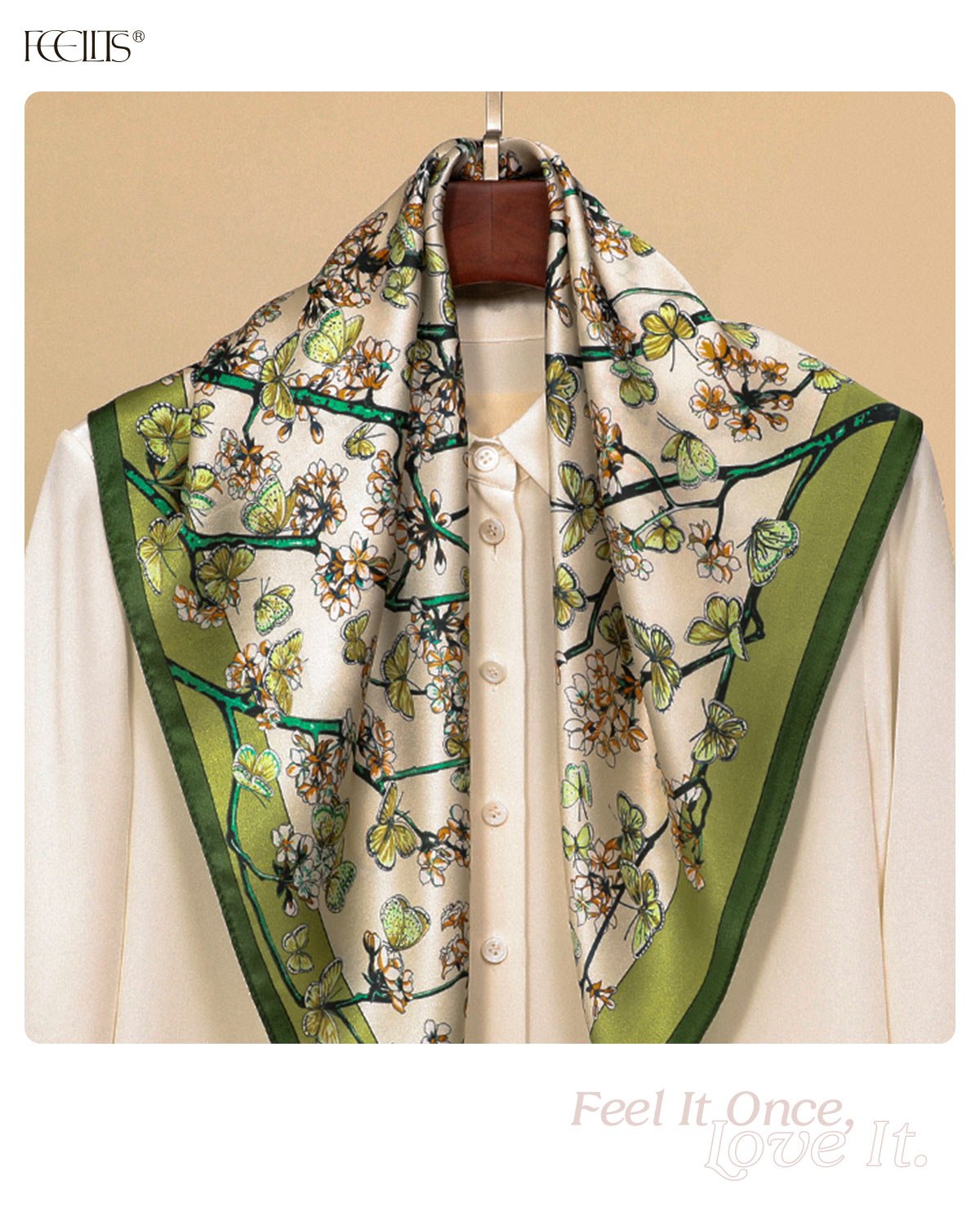 100% Mulberry Silk Head Scarf for Women - 27.5" Square Hair Scarf, Natural Silk Neckerchief — Spring Blossom Path - FEELITS