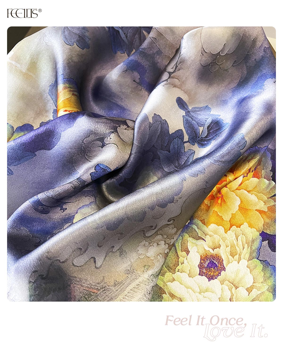 100% Mulberry Silk Head Scarf for Women - 27.5" Square Hair Scarf, Natural Silk Neckerchief — Twilight Mist Peony - FEELITS