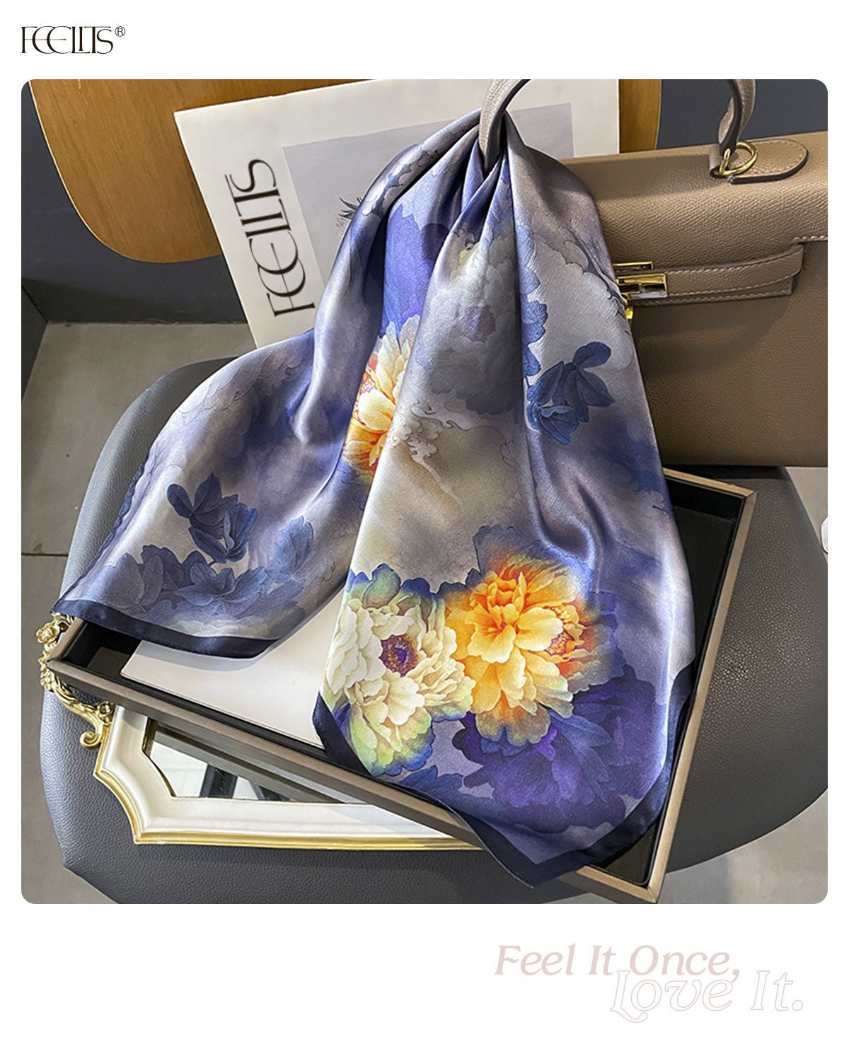 100% Mulberry Silk Head Scarf for Women - 27.5" Square Hair Scarf, Natural Silk Neckerchief — Twilight Mist Peony - FEELITS