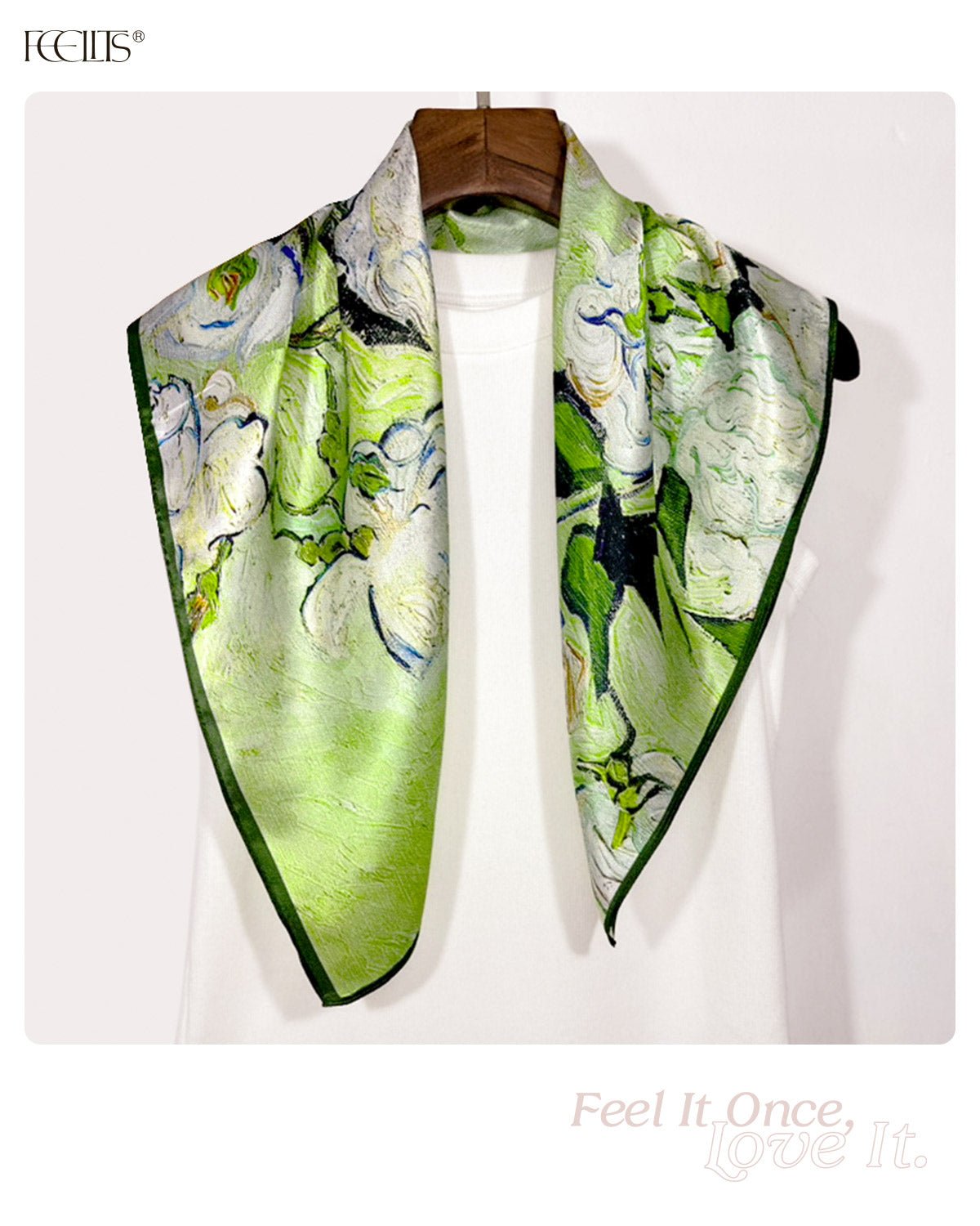 100% Mulberry Silk Head Scarf for Women - 27.5" Square Hair Scarf, Natural Silk Neckerchief — Van Gogh Garden - FEELITS