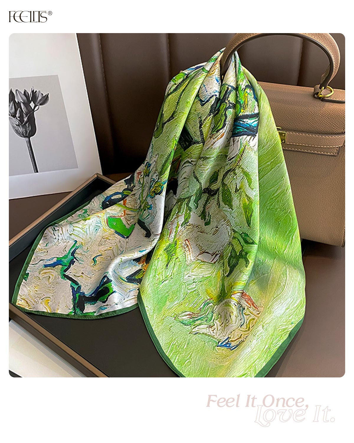100% Mulberry Silk Head Scarf for Women - 27.5" Square Hair Scarf, Natural Silk Neckerchief — Van Gogh Garden - FEELITS