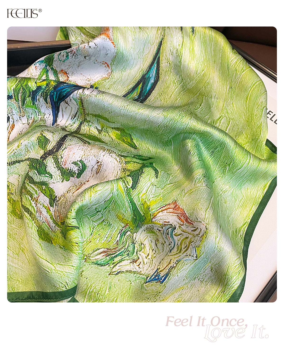 100% Mulberry Silk Head Scarf for Women - 27.5" Square Hair Scarf, Natural Silk Neckerchief — Van Gogh Garden - FEELITS