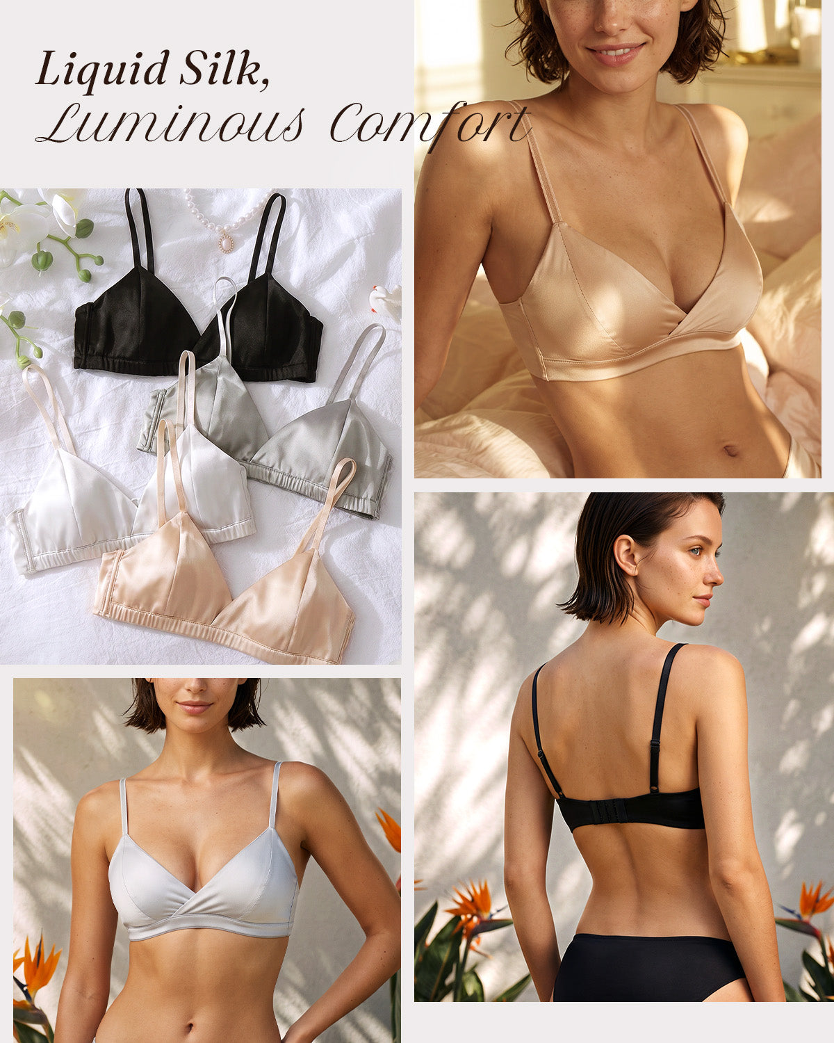 FEELITS BRA16 Cross-Front Silk Triangle Bralette - 95% Mulberry Silk, Removable Pads