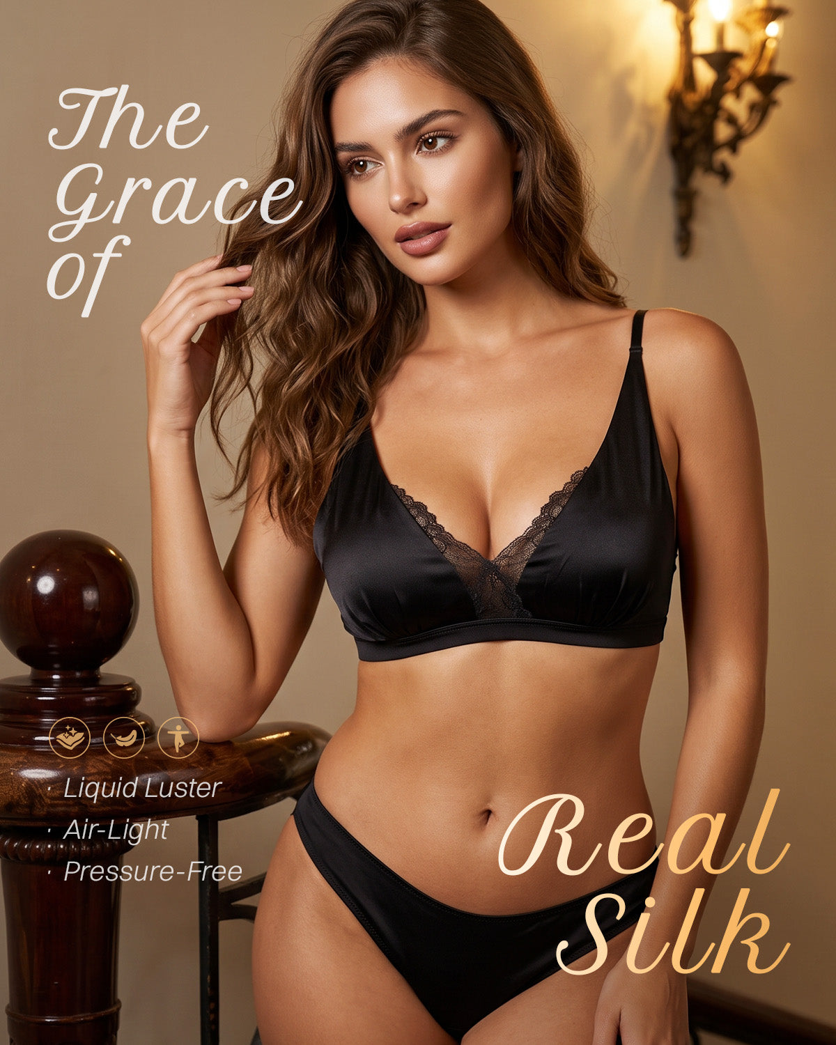 FEELITS BRA18 22 Momme Mulberry Silk Deep-V Lace Bralette – Wire-Free Bra with Ruched Cup Detail