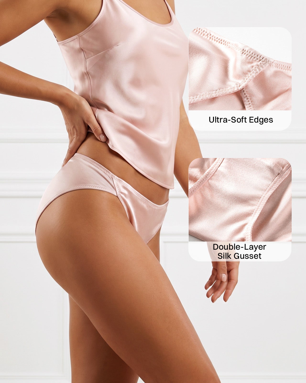 Seitenansicht des KN26 Seiden-Bikini-Slips in Altrosa mit weichen Kanten und doppellagigem Seidenzwickel | FEELITS