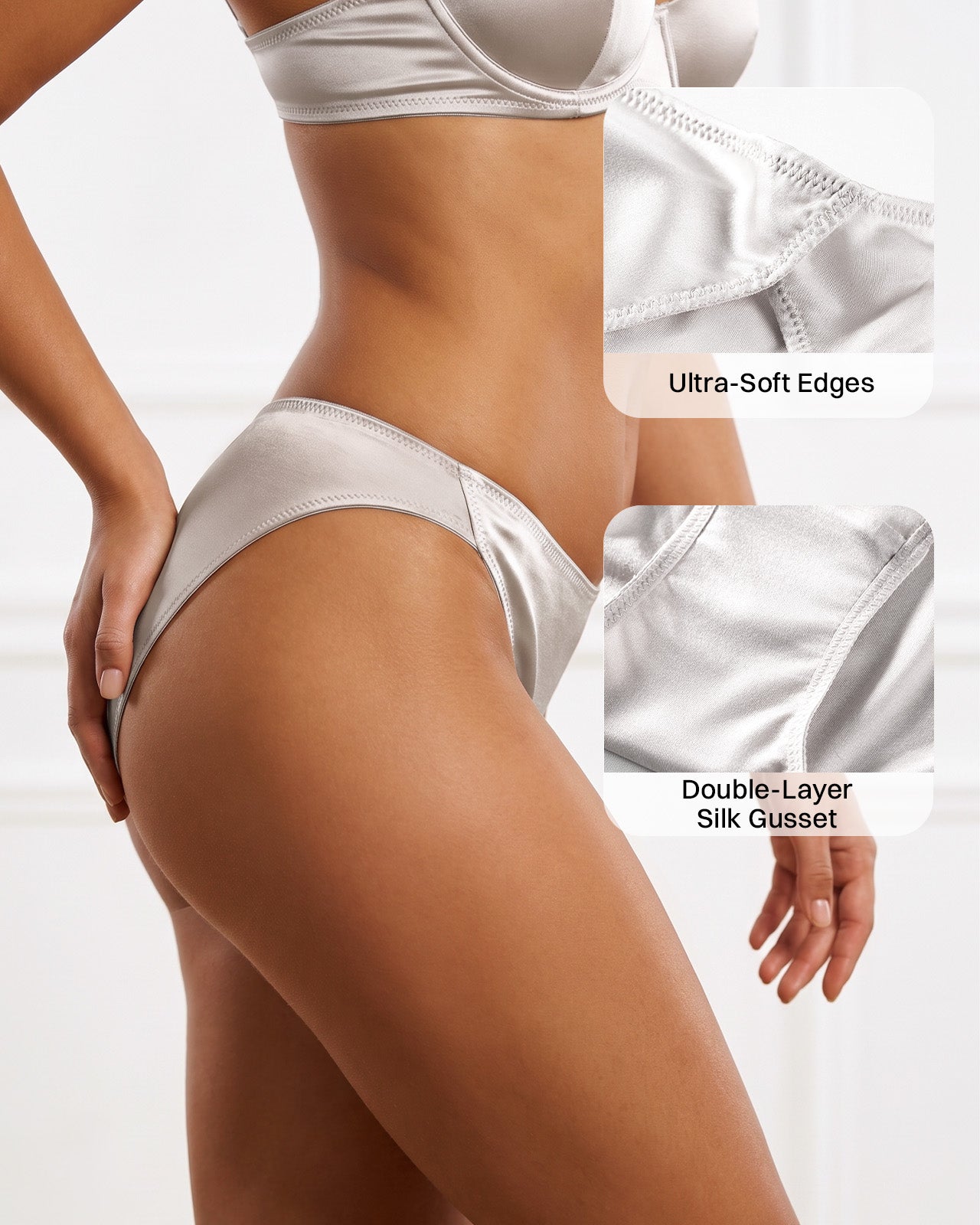 Seitenansicht des KN26 Seiden-Bikini-Slips in Silber mit weichen Kanten und doppellagigem Seidenzwickel | FEELITS
