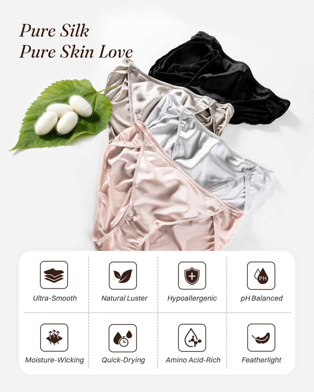 KN26 Bikini-Slips aus Maulbeerseide in vier Farben mit den Komfortvorteilen echter Seide | FEELITS