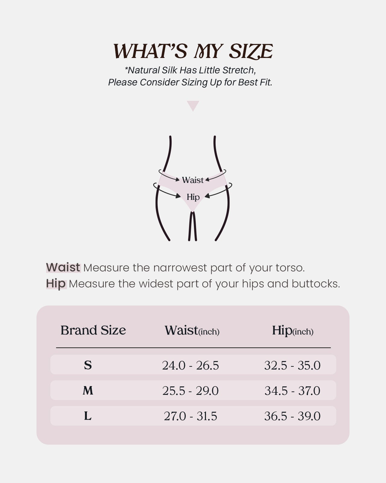 Größentabelle für den hoch ausgeschnittenen KN26 Seiden-Bikini-Slip mit Taillen- und Hüftmaßen | FEELITS