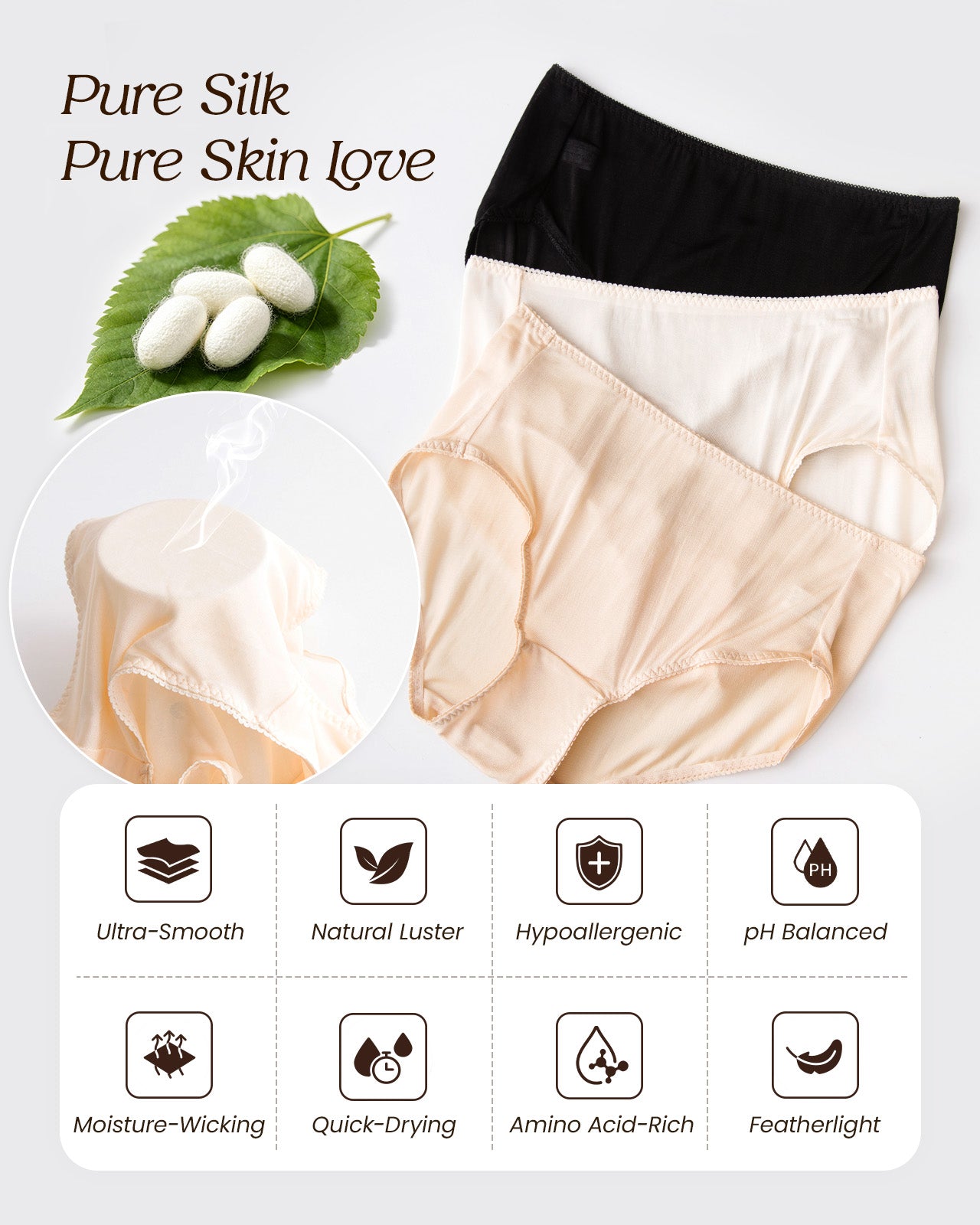 FEELITS KN31 Silk High-Rise Full-Coverage Brief Panties – 100% 6A Mulberry Silk, Breathable & Ultra-Soft