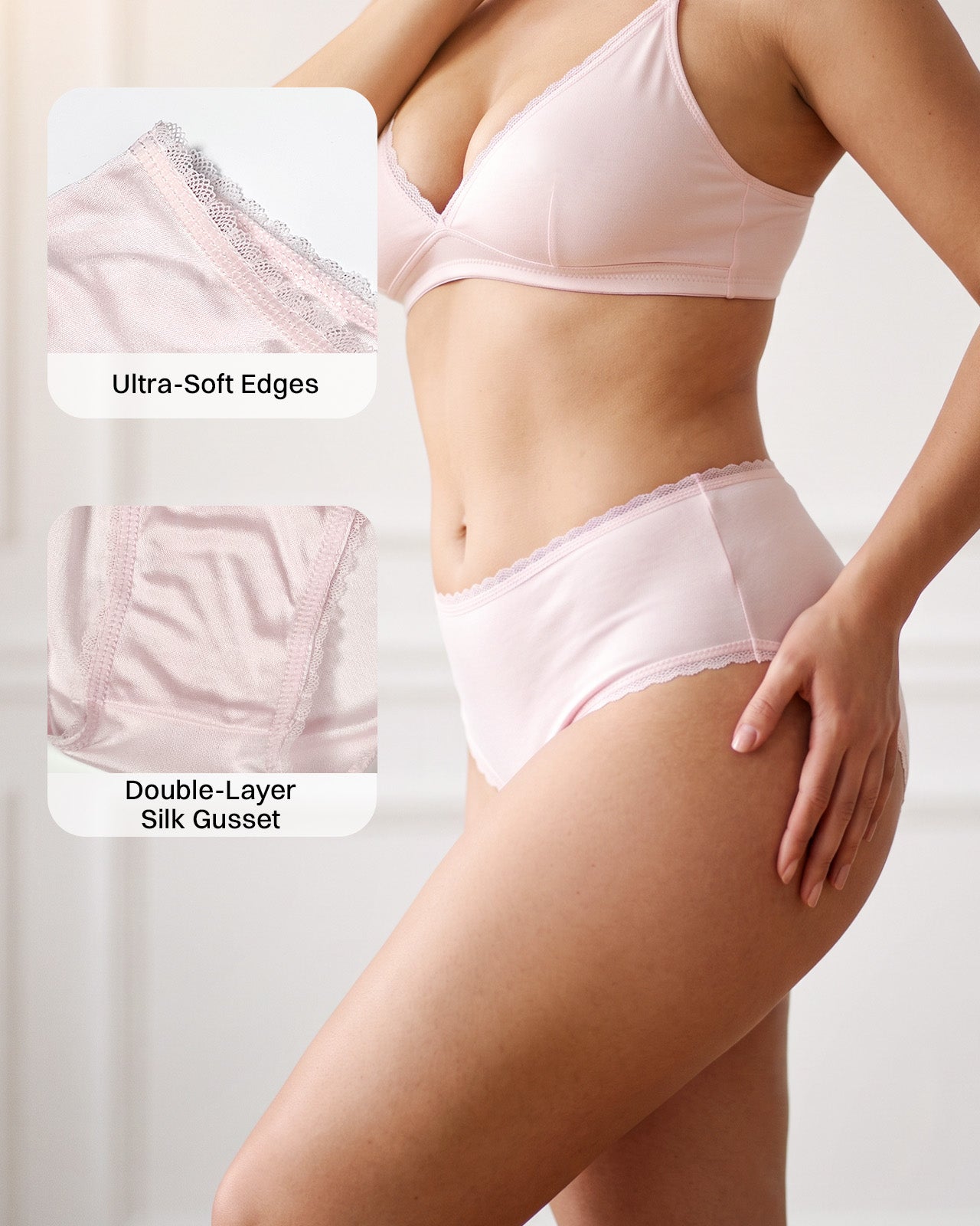 FEELITS KN36 High-Rise Silk Brief Panties - 100% Mulberry Silk, Scalloped Lace Trim