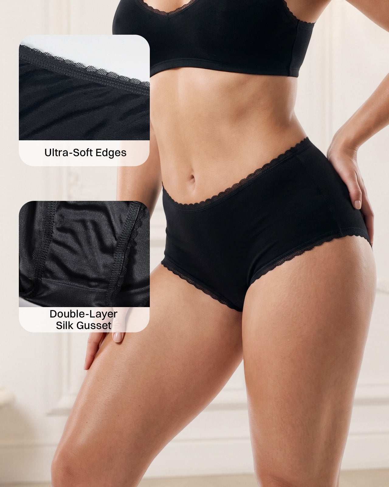FEELITS KN36 High-Rise Silk Brief Panties - 100% Mulberry Silk, Scalloped Lace Trim