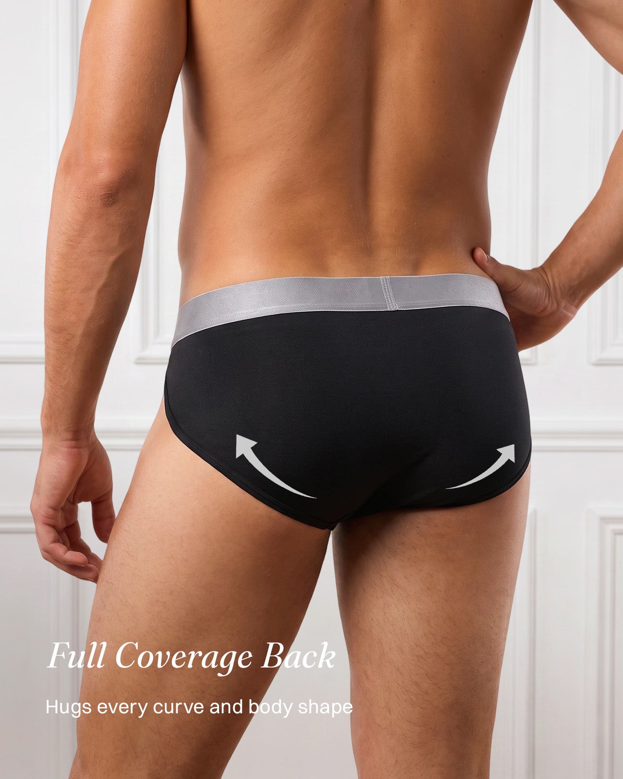 KNM02 black men's silk tanga briefs full-coverage back view | FEELITS