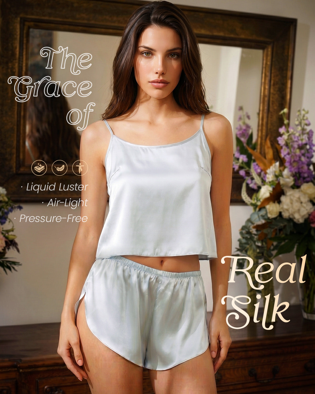 FEELITS PJ03 22 Momme Mulberry Silk Pajama Set - Split-Back Cami & High-Slit Shorts
