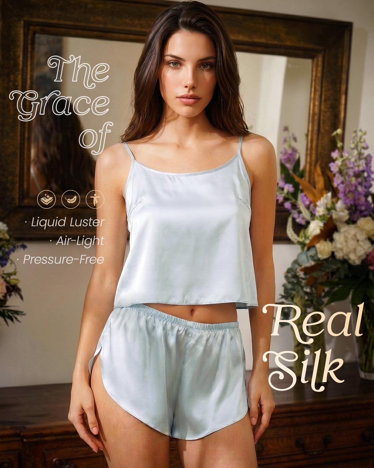 FEELITS PJ03 22 Momme Mulberry Silk Pajama Set - Split-Back Cami & High-Slit Shorts - FEELITS