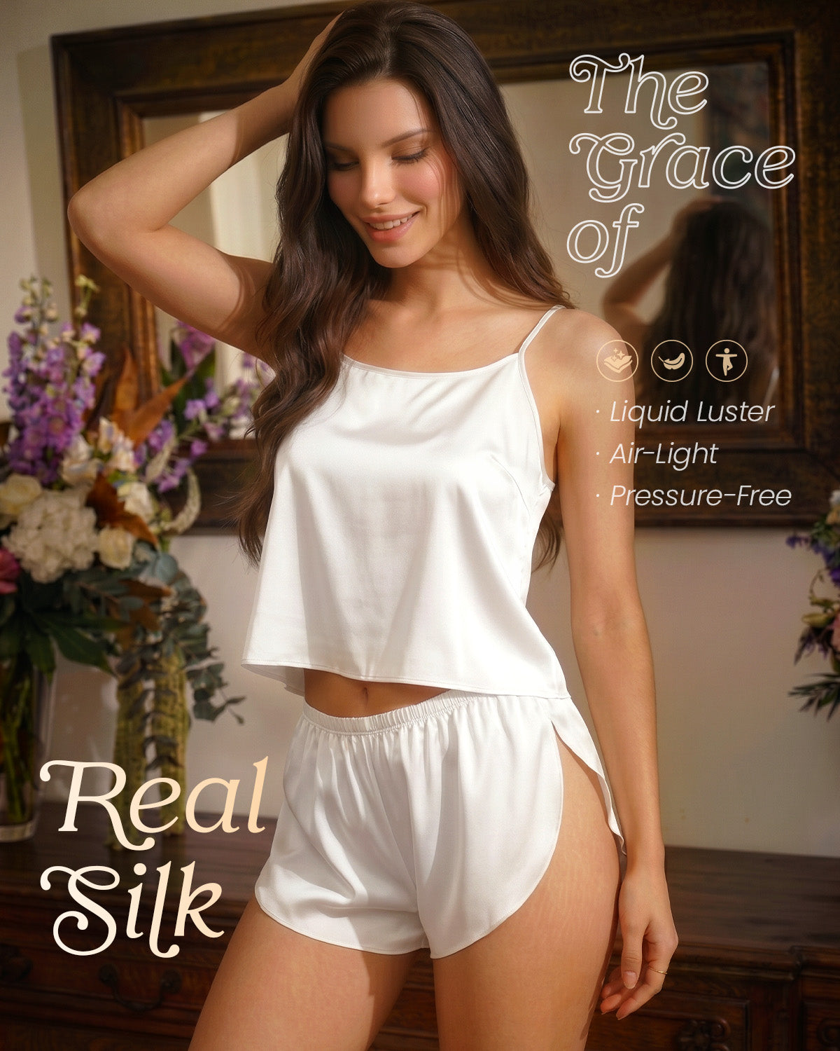 FEELITS PJ03 22 Momme Mulberry Silk Pajama Set - Split-Back Cami & High-Slit Shorts