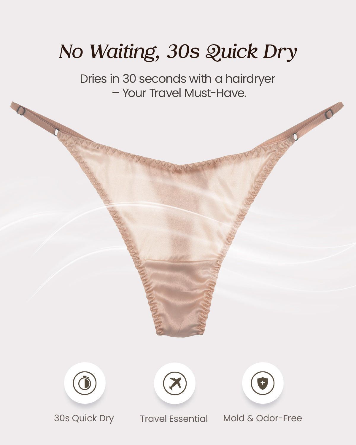 100% Mulberry Silk Thongs for Women, V-Front & Adjustable Ties, Sexy Silk Satin G-String Panties, Cheeky T-back