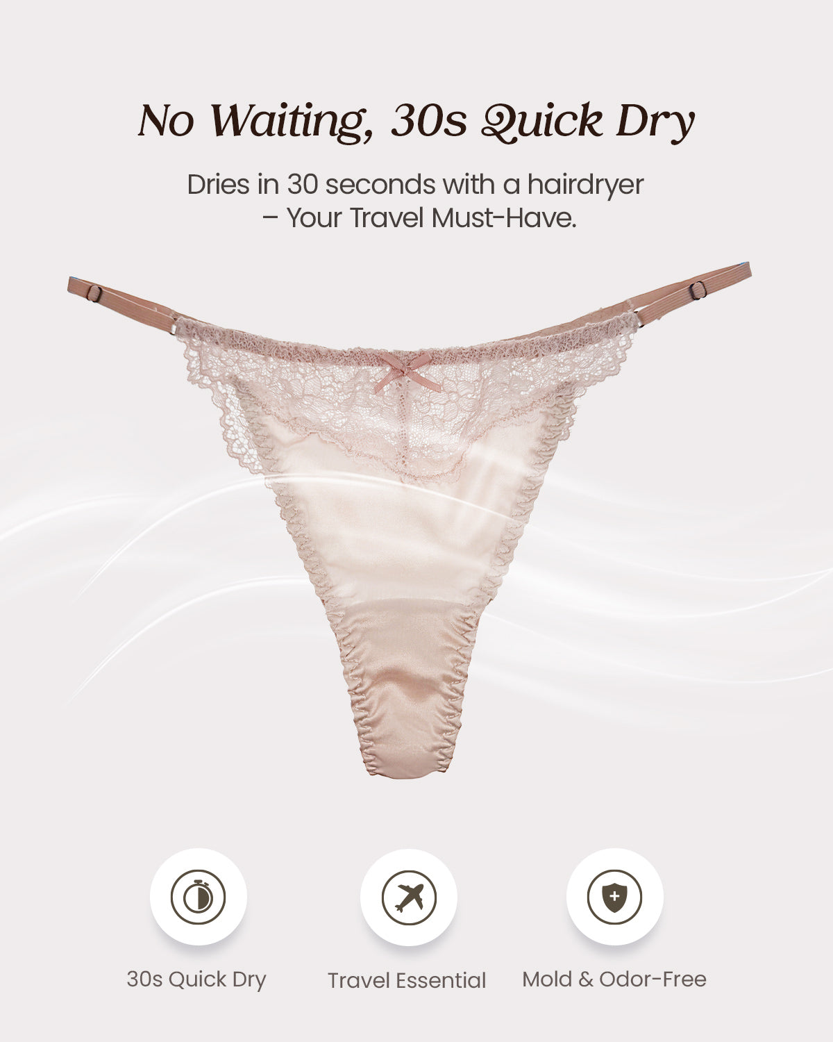 100% Mulberry Silk Thongs for Women, Sexy Shiny Silk Satin G-String Panties with Adjustable Ties, Cheeky T-back