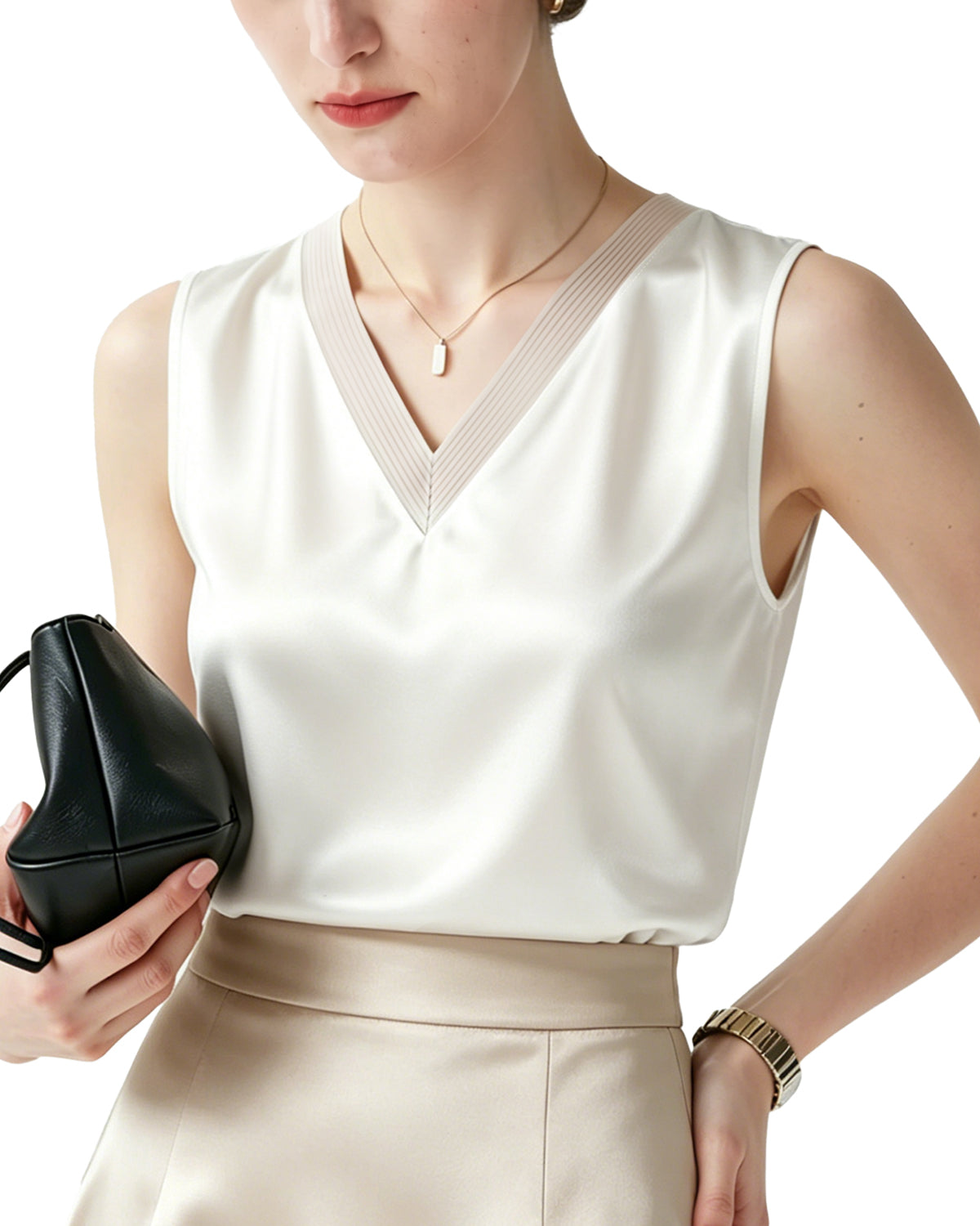 FEELITS TK21 22 Momme Silk V-Neck Tank Top - 100% Mulberry Silk, Loose Fit & Breathable