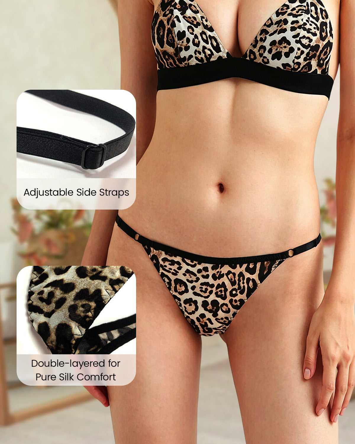 FEELITS YF01 Leopard Print Silk T-Back Thong Panties - 100% Mulberry Silk, Low-Rise Fit