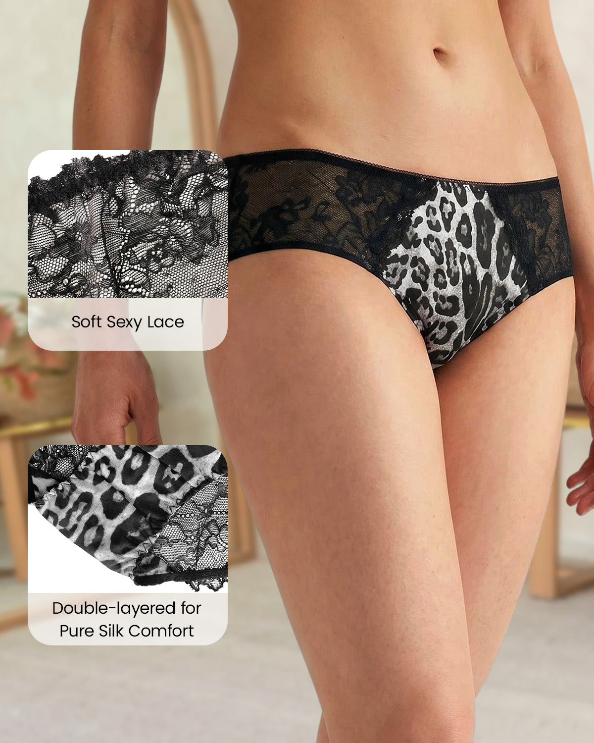 FEELITS YF02 Leopard Silk Lace Bikini Panties - Mulberry Silk Front, Sheer Lace Back