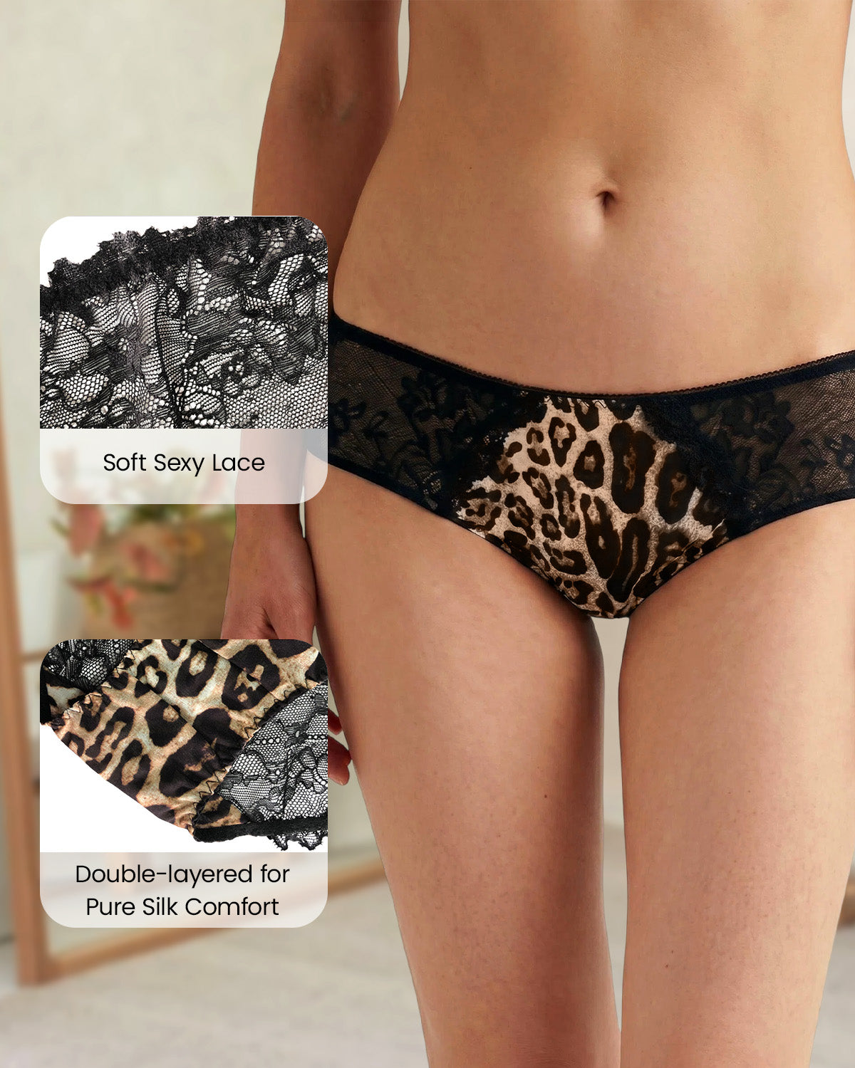 FEELITS YF02 Leopard Silk Lace Bikini Panties - Mulberry Silk Front, Sheer Lace Back