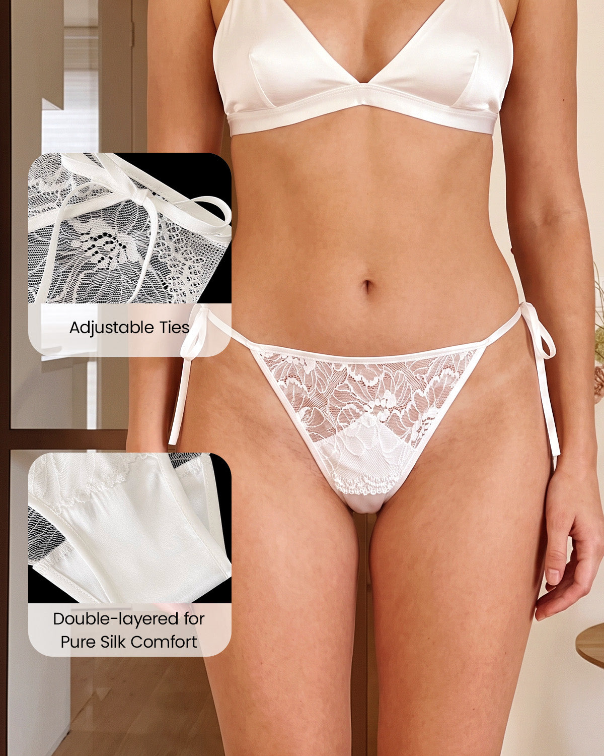 FEELITS YF06 Silk Tie-Side Lace Bikini Panties - Mulberry Silk, Sheer Back & Adjustable Bows